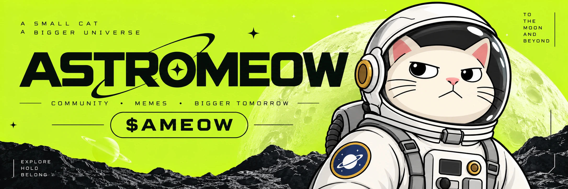 ASTROMEOW mission control banner with astronaut cat and neon lunar landscape